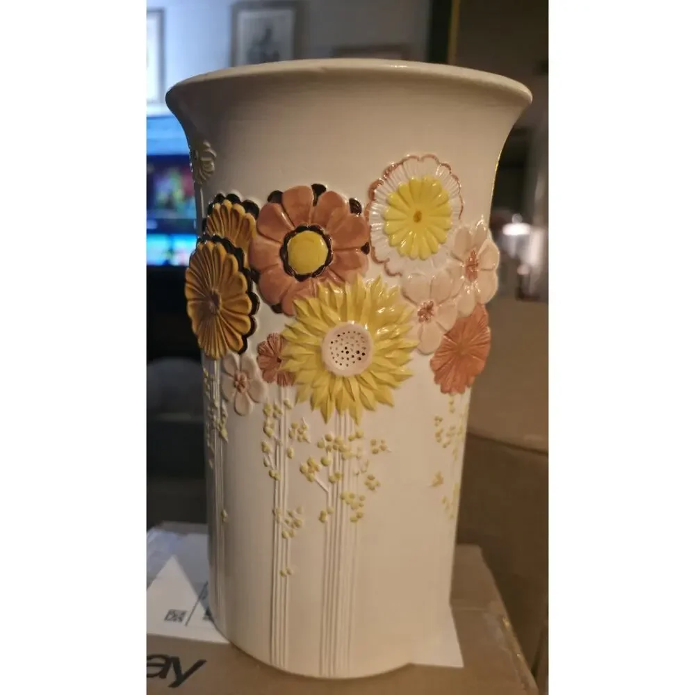 Vintage Kaiser W Germany Bisque Floral Relief Vase Hand Painted MCM Boho